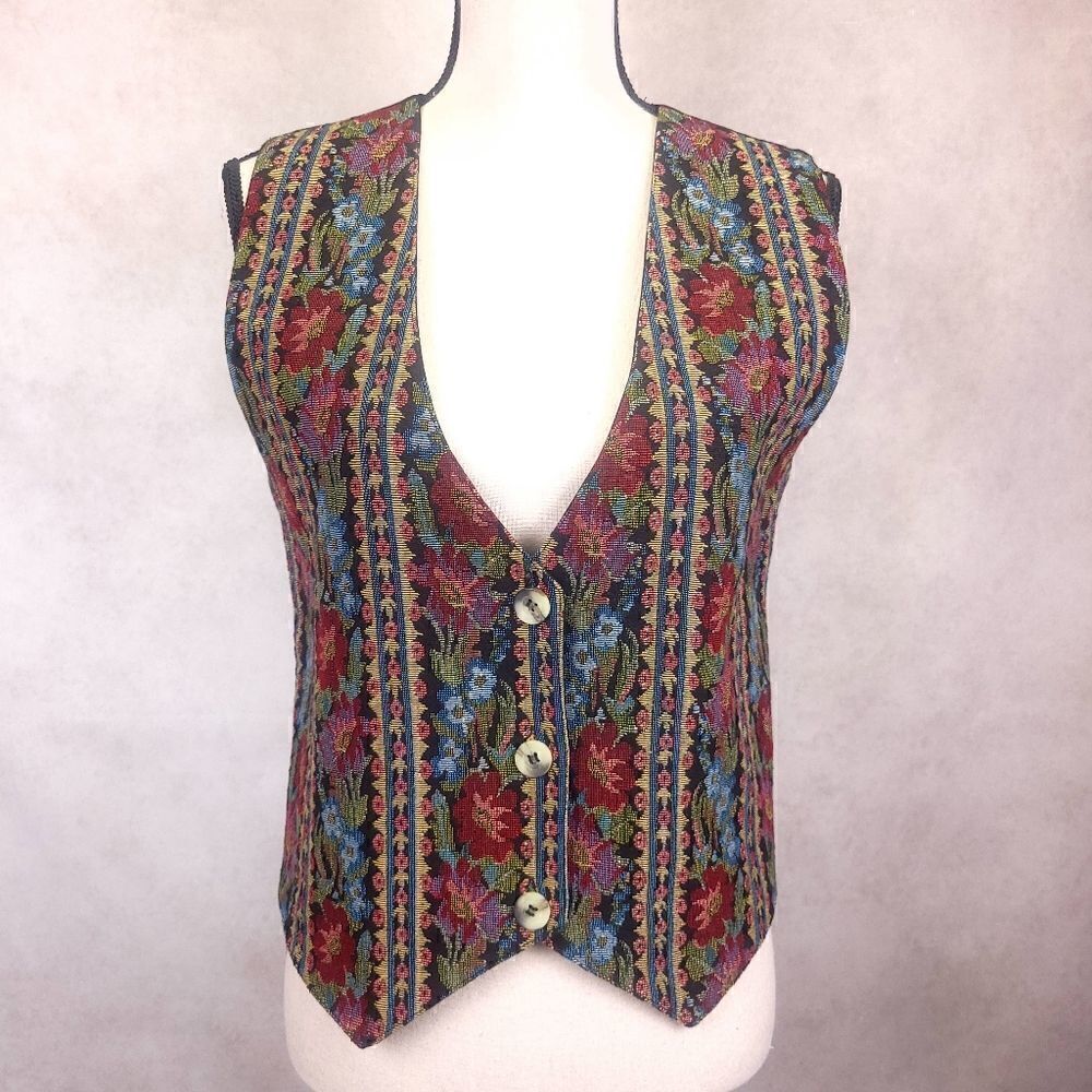 Vintage Agapo Floral Striped Tapestry Vest Size Med Petite